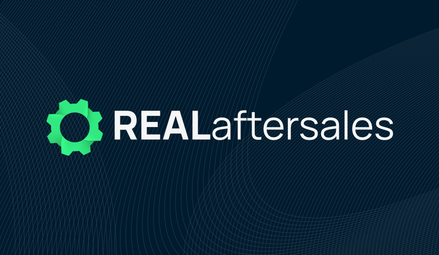 Icon for REALaftersales, features light blue cog and the word REALaftersales in the middle