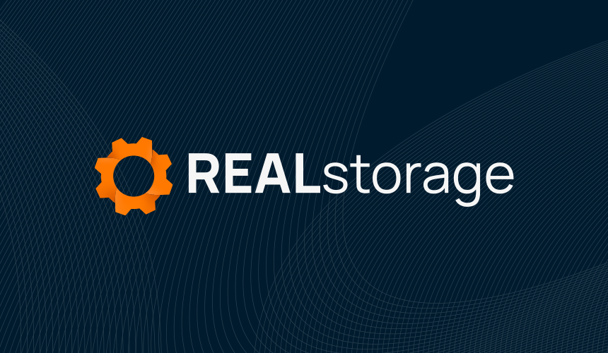 Icon for REALstorage, features light blue cog and the word REALstorage in the middle