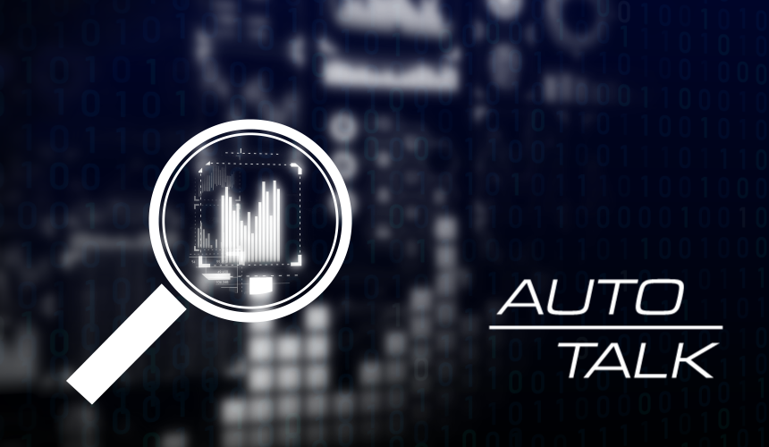 Magnifying glass hovering over a data chart with the words Auto Talk